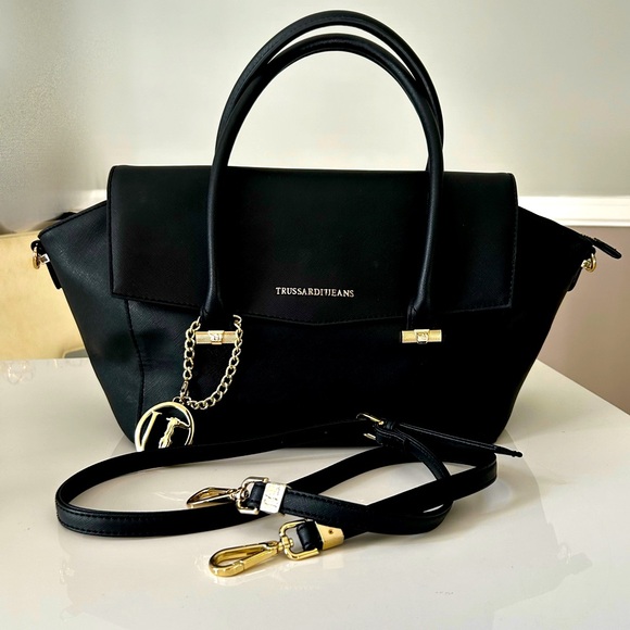 NWT Trussardi Black Satchel Shoulder Strap Gold Hardware Logo Bag Charm pockets - Picture 2 of 13